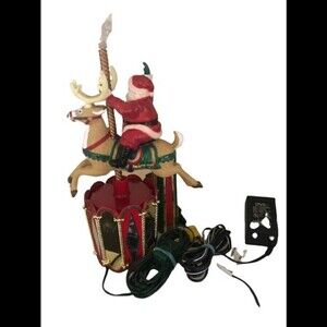 VTG Carousel Tree Top Table Piece Santa & Reindeer Ride Up and Down 15” 1997
